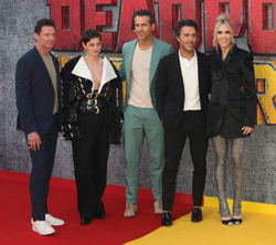 Hugh Jackman, Emma Corrin, Ryan Reynolds, Shawn Levy and Wendy Jacobson